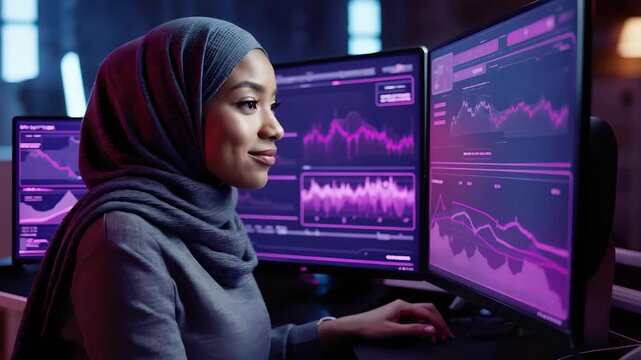 Muslim Tech Analyst in Hijab Reacting to Data Charts on Monitors &ndash; Confident Businesswoman Tracking Financial Trends in High-Tech Office with Dynamic Screen Reflections