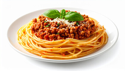 spaghetti bolognese on white background