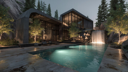 Fototapeta premium Beautiful resort with swimming pool and water in the middle of forest.