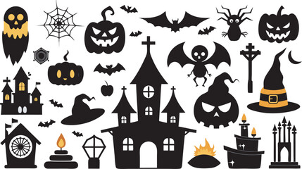 Spooky Halloween Silhouette Collection Featuring Pumpkins Bats Haunted Houses and Other Creepy Elements