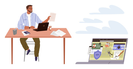 Man working at desk holding paper while a laptop showcases cybersecurity concepts thumbs up shield, lock, and user authentication. Ideal for business, technology, online safety, remote work, data