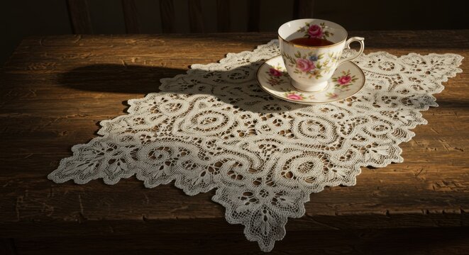 Vintage lace tablecloth with tea set - Powered by Adobe