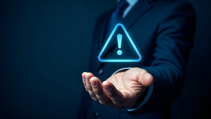 Businessman presents a glowing blue warning triangle with an exclamation mark