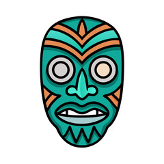 Stylized turquoise tiki mask with orange accents and large circular eyes