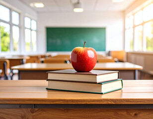 a classroom of school desk with books and apple above