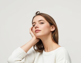 Fototapeta premium Portrait of a young woman in a white sweater resting her head on her hand 