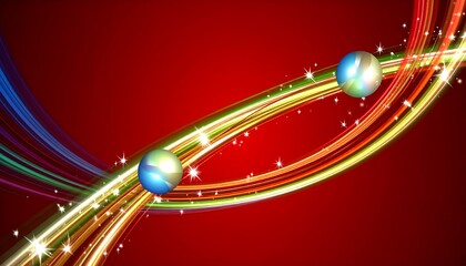 Vibrant abstract red background with colorful streams and sparkling spheres