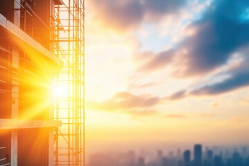 Engineer structural management Concept. Construction site at sunset with scaffolding and city skyline in background.