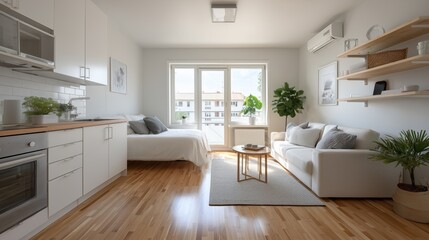 empty scandinavian style studio apartment interior low angle view