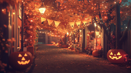 ハロウィン装飾の街並み（夕暮れ）/Halloween-Decorated Street at Sunset