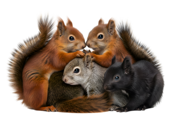 Four Adorable Squirrels & a Rabbit Huddle Isolated on Transparent Background