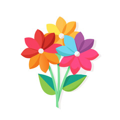 Stylized bouquet of vividly colored flowers with leaves on a white background