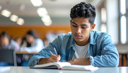 Realistic medium-shot from waist up of a focused Latin student studying at high school, natural skin tones, casual school attire, attentive and concentrated expression, vibrant colors, bright indoor l