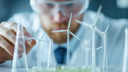Engineer structural management Concept. Scientist working on a renewable energy model with wind turbines.