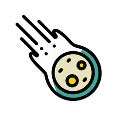 Cartoon meteor hurtling through space with a bright tail of light and color