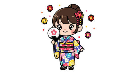 Adorable Girl in Kimono VECTOR Illustration of Japanese Culture