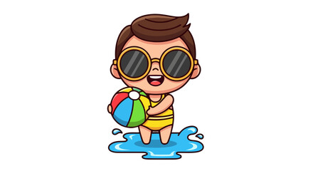 A cute cartoon boy with sunglasses holding a beach ball, standing in water for summer vacation, isolated vector illustration.
