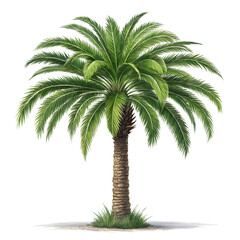 A palm tree is standing tall and green in front of a white background. The tree is the main focus of the image, and it gives off a sense of calm and relaxation