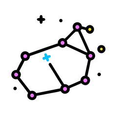 Constellation illustration with multiple points connected by lines and surrounding stars