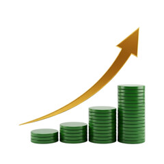 Green coin stacks with golden upward arrow growth finance