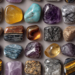 Tumbled stone collection | Polished gemstones in assorted colors and textures on neutral backdrop | Natural minerals | Material reference or product mockup