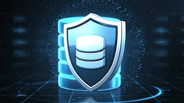 A glowing database is protected by a shield