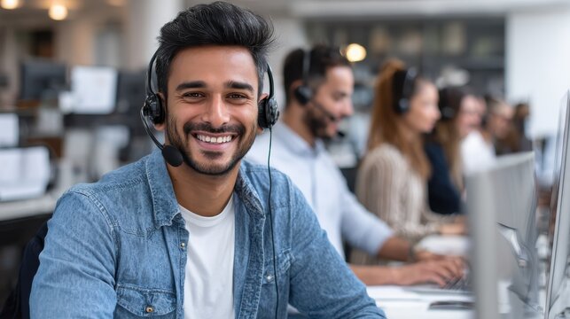 latin indian smiling businessman wearing headset having virtual team meeting group call chatting with diverse people in customer support video conference call on computer with manager and employees n