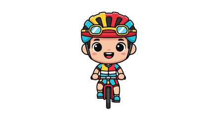 Vibrant VECTOR Illustration of a Happy Young Boy in Colorful Cycling Gear Enthusiastically Riding His Bicycle, Perfect for Sporty Kids' Themes and Active Lifestyle Concepts.