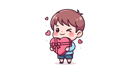 Cute Valentine VECTOR Illustration of a Boy Holding a Heart-Shaped Gift Box