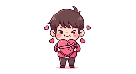 Adorable chibi boy winking and holding a heart-shaped gift box, a cute character VECTOR for Valentine's Day celebration