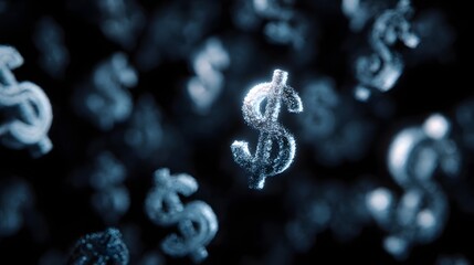 Digital dollar symbols floating in a sharp high  tech lighting environment
