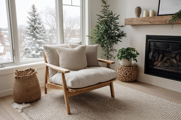 Fototapeta premium Reading nook | Scandinavian armchair with snowy window and fireplace | Cozy winter interior | Home design inspiration