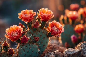 Prickly pear cactus | Macro bloom with orange petals and glowing sunset | Desert plant photography | Botanical study print