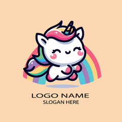 Cute unicornio kawaii with rainbow logo icon vector .