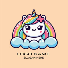 Cute unicornio kawaii with rainbow logo icon vector .