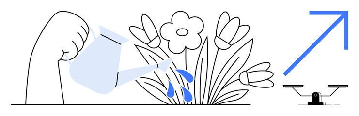 Hand watering flowers symbolizing growth, upward arrow representing progress, and scale signifying balance. Ideal for success, development, sustainability, motivation, productivity, balance growth