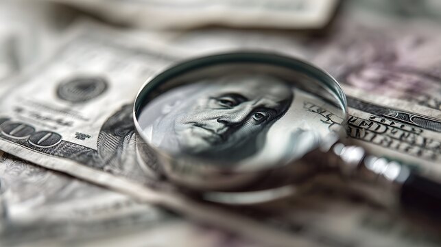 Magnifying glass examining a US dollar bill