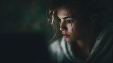 Woman studying with laptop at home in soft focused lighting