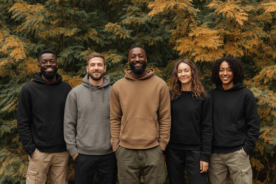 Sweatshirt mockup | Group of diverse friends standing together outdoors wearing plain hoodies in neutral colors with autumn foliage backdrop | Inclusive fashion branding or apparel design display
