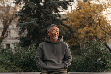 Sweatshirt mockup | Elderly Asian man sitting on bench in park wearing dark gray hoodie with autumn trees in background | Casual outdoor lifestyle scene | Apparel branding or design showcase