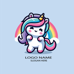 Cute unicornio kawaii with rainbow logo icon vector .