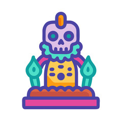 Day of the Dead altar featuring a skull and two candles