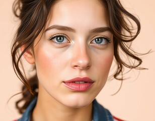 Fototapeta premium Close-up portrait of a young woman with blue eyes and pink lips 