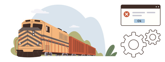 Freight train passing green landscape with error alert box and gears symbolizing technology, logistics, and troubleshooting. Ideal for industry, automation, supply chain, software, transport