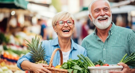 Happy senior couple enjoys fresh produce at outdoor market