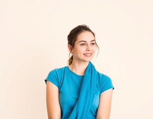 Obraz premium Portrait of a smiling woman in blue t-shirt with towel around neck 