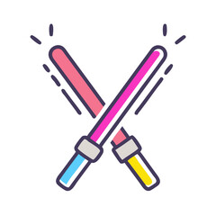 Obraz premium Two crossed cartoon light sabers with bright colors and a white backdrop
