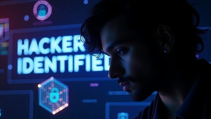 A focused young South Asian male analyzing cybersecurity data, with a high-tech screen displaying 'HACKER IDENTIFIED' in neon blue.