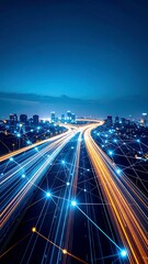 City highway at night with network connections