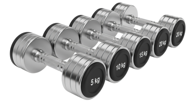 A set of dumbbells ranging from 5 to 20 kg, perfectly aligned for home or gym workouts, showcasing durability and sleek design.